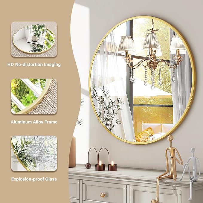 HARRITPURE 24 Inch Round Mirror, Modern Aluminum Alloy Frame Wall Mounted - Image 3