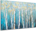 Yihui Arts Birch Tree Canvas Wall Art Hand Painted Teal and White Color Painting by YihuiArts