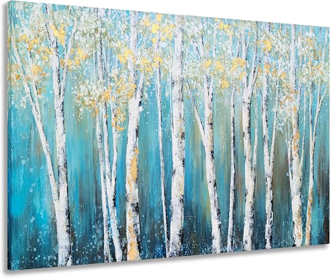 Yihui Arts Canvas Wall Art White Grey Birch Trees Branches Painting Gold Foil by YihuiArts