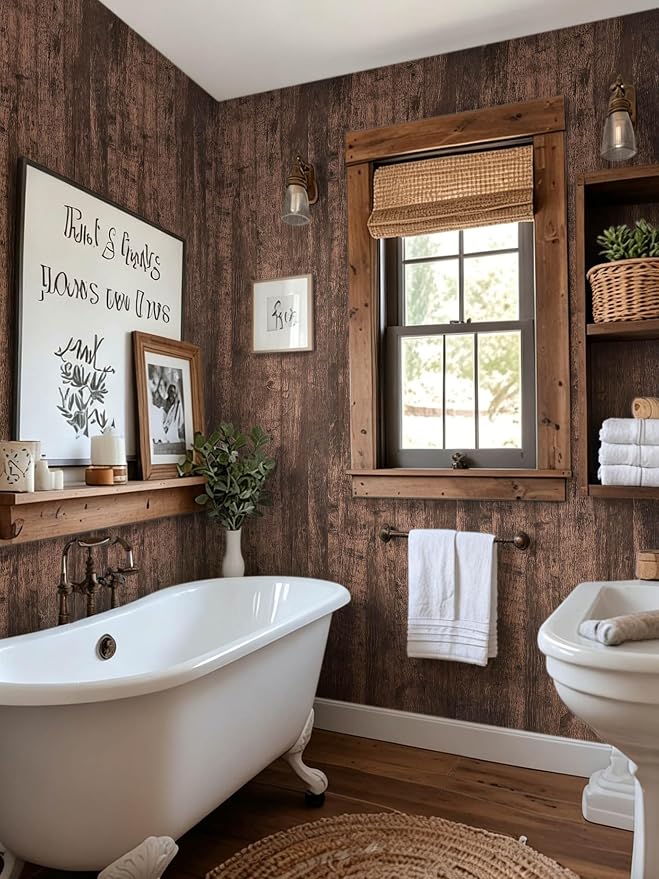 Dimoon Wood Wallpaper Brown Dark Wood Contact Paper Brown Wood Plank Wood Peel - Image 3