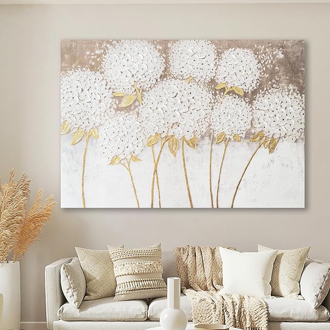 JolyWell Large hand painted wall art White Hydrangea Canvas Wall decor by JolyWell