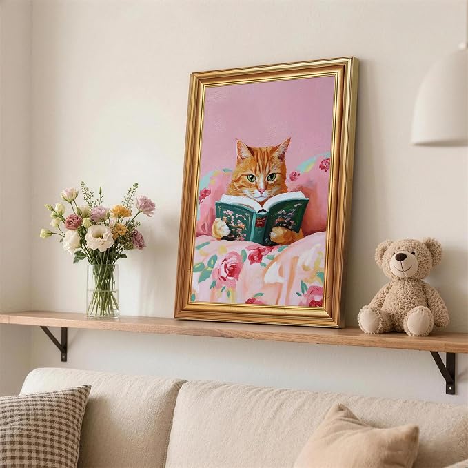 Fantasy Artists Gold Framed Wall Art Prints, Cute Orange Cat Reading a Green - Image 4