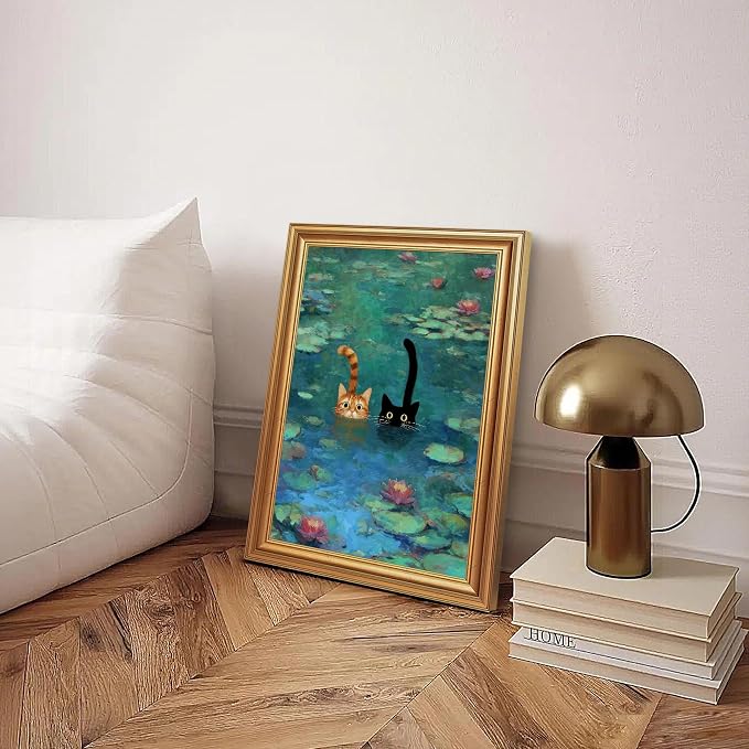 Fantasy Artists Gold Framed Wall Art Prints, Two Swimming Cats in Lotus Pond - Image 4