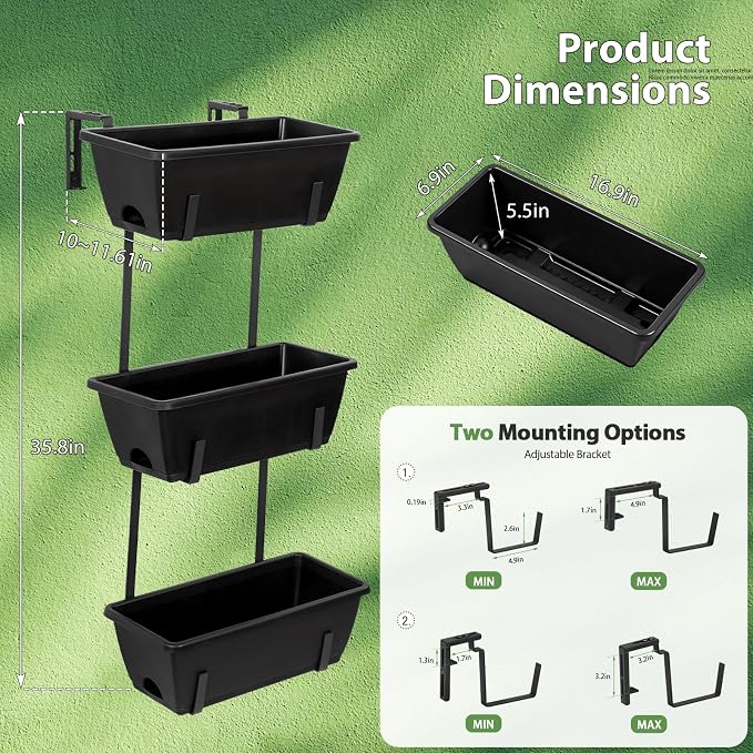 OYEAL Railing Planter Box 3 Tier Vertical Window Boxes Planter Outdoor - Image 2