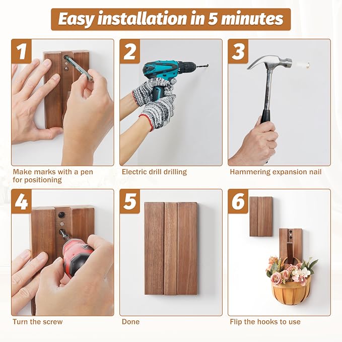 Foldable Wall Hooks 2Pack: Rustic Wooden Coat Hooks Mounted - Image 9