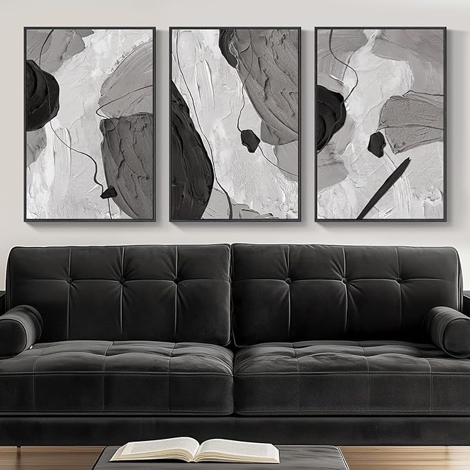 Framed Black and White Modern Abstract Wall Art, 3 Piece Canvas Prints by Cuspin