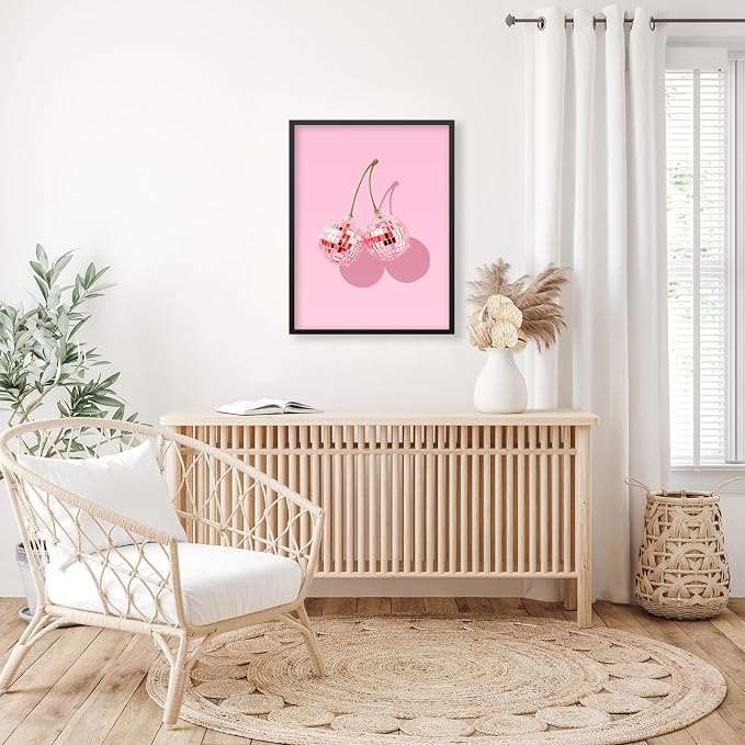 Funky Pink Cherry Poster Retro Disco Ball Canvas Wall Art 16X24 inch Black - Image 5