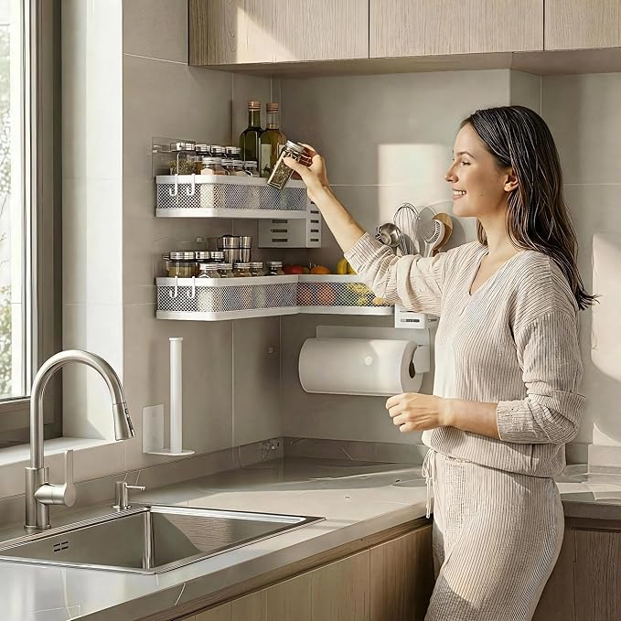PUSDON 5-in-1 Wide Wall Mount Wrapped Mesh Kitchen Organizer & Shower Caddy Kit - Image 2