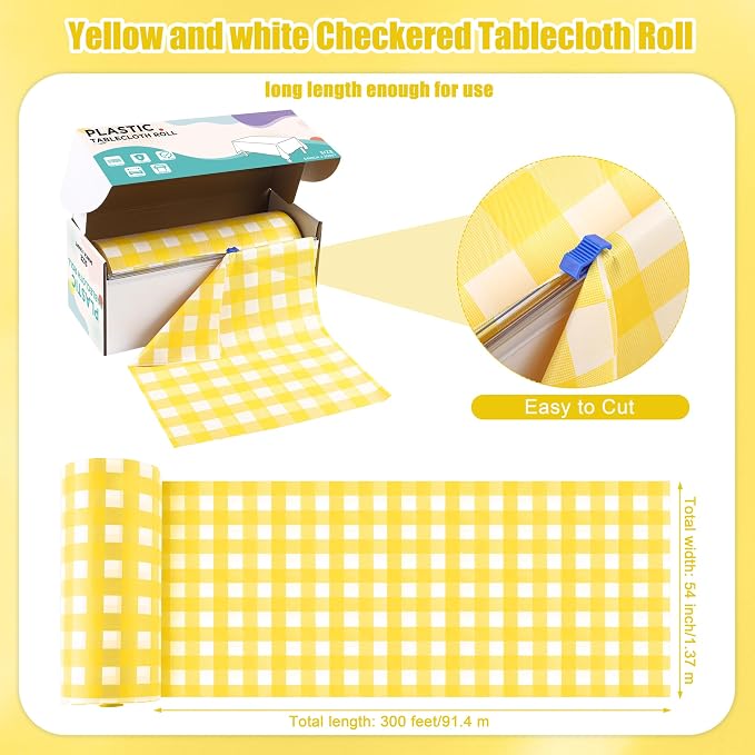 Kochorie 54 Inch x 300 Ft Light Yellow Checkered Plastic Table Cloth Roll - Image 2