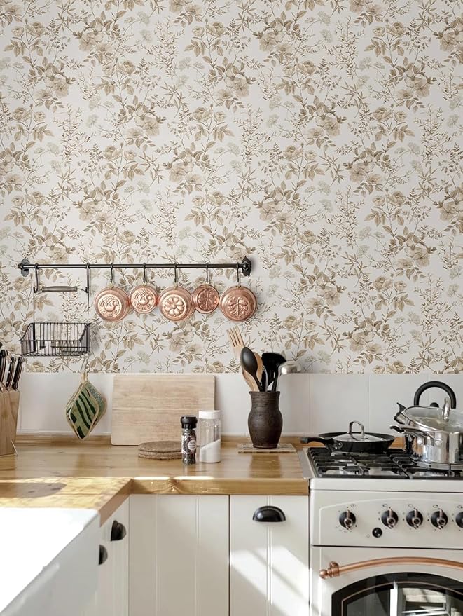 Erfoni 16.9" x197" Beige Floral Peel and Stick Wallpaper Boho Floral Leaf - Image 4