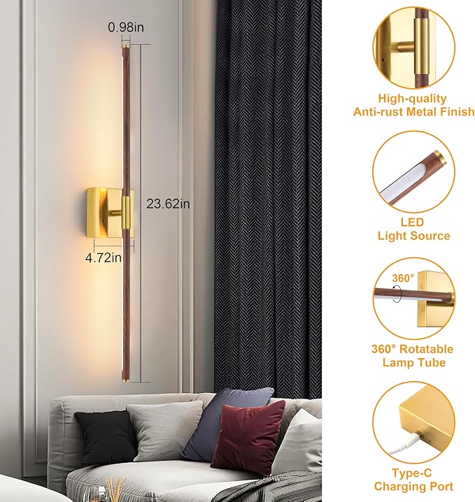 Morauroral 40″ Walnut Battery Operated Wall Sconces Set of Two, Dimmable Wall - Image 6