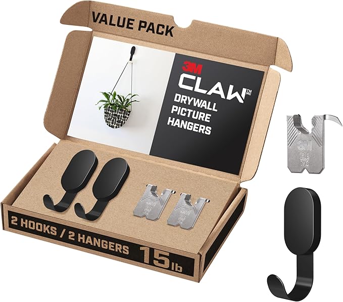 3M CLAW 15 lb. 2 Drywall Black Hooks & 2 Extra Picture Hangers, Heavyweight by 3MCLAW%E2%84%A2