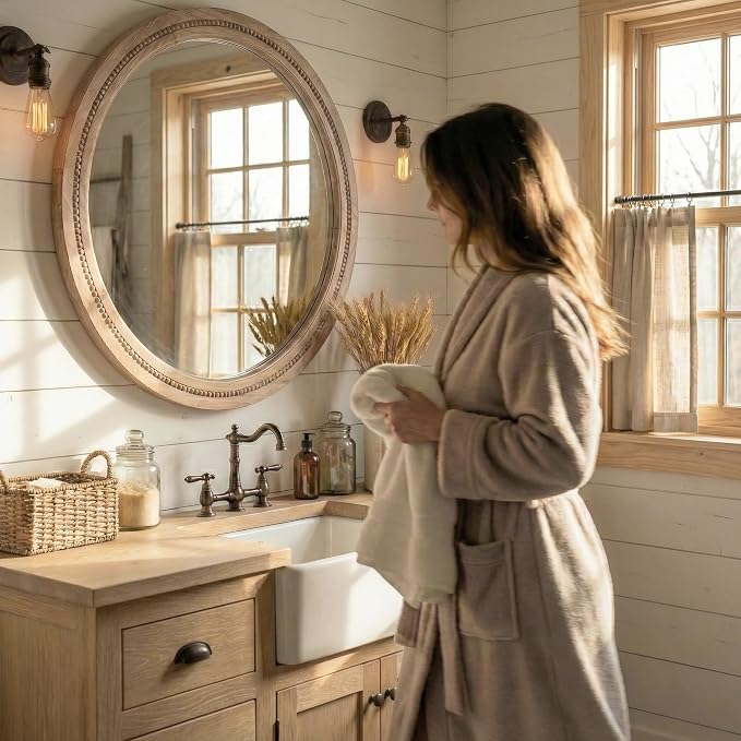 30" Round Solid Wood Mirror for Bathroom Vanity, Handcrafted Beaded Circle Wall - Image 5