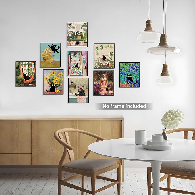 SEHSUVC Funny Black Cat Canvas Wall Art Set of 9, Vintage Van Gogh Black Cat - Image 4