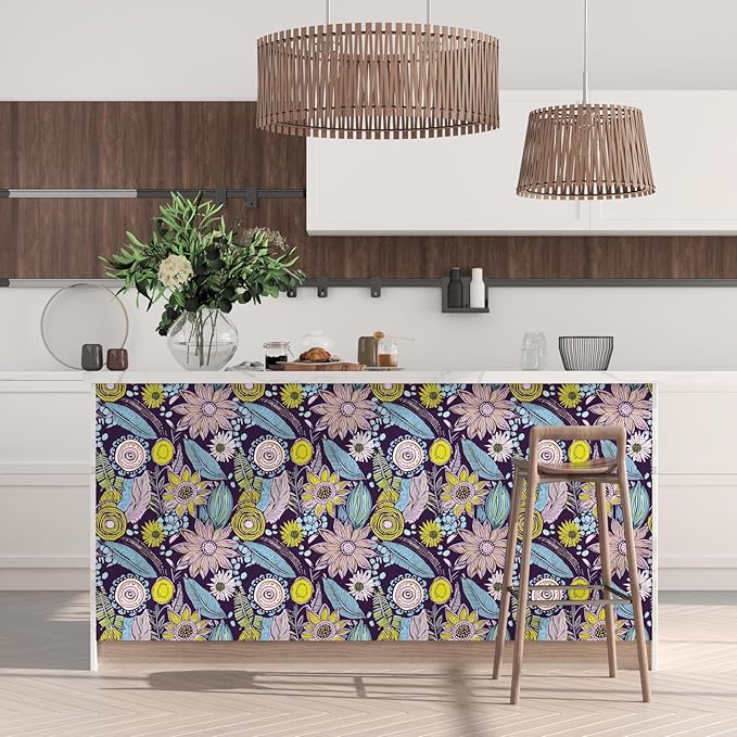 Purple Boho Wallpaper Peel and Stick, Vintage Yellow Floral Contact Paper - Image 3