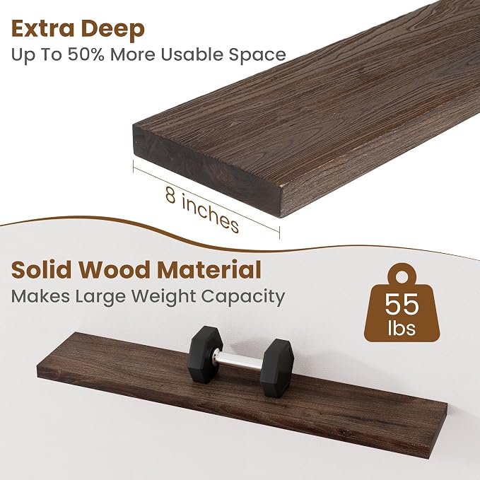 Floating Shelves for Wall Decor, 8 Inch Deep Rustic Solid Elm Wood Floating - Image 5