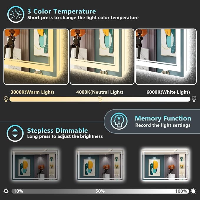 48x30 LED Bathroom Mirror with Lights, Backlit and Front Lit Anti-Fog Lighted - Image 4