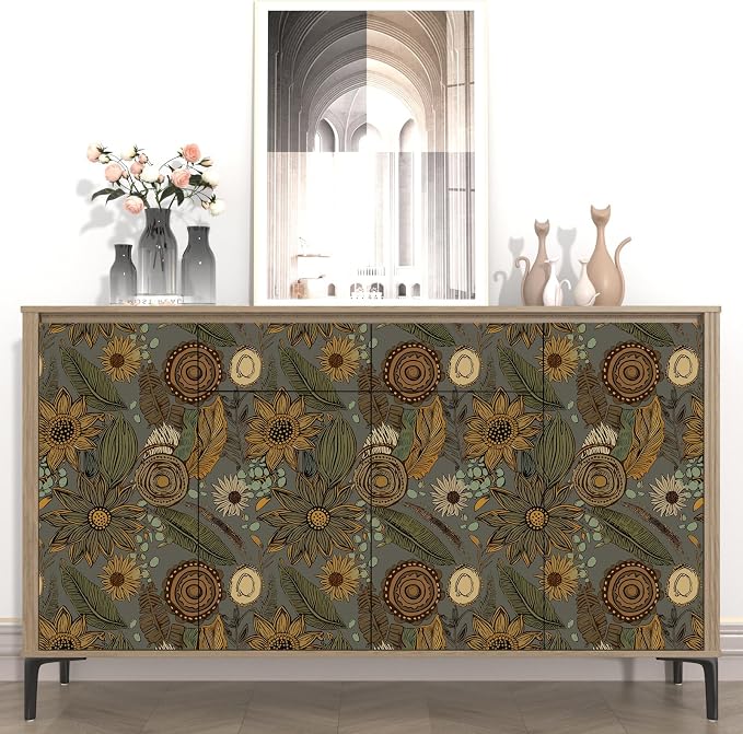Grey Boho Wallpaper Peel and Stick, Vintage Green Yellow Floral Contact Paper - Image 3