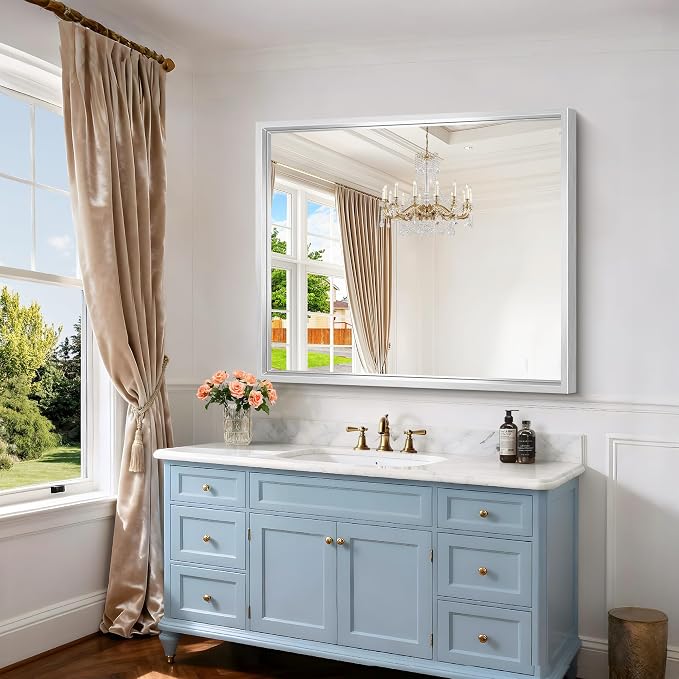 Silver Bathroom Mirror, 42 x 36 Inch Brushed Silver Rectangle Mirror - Image 5