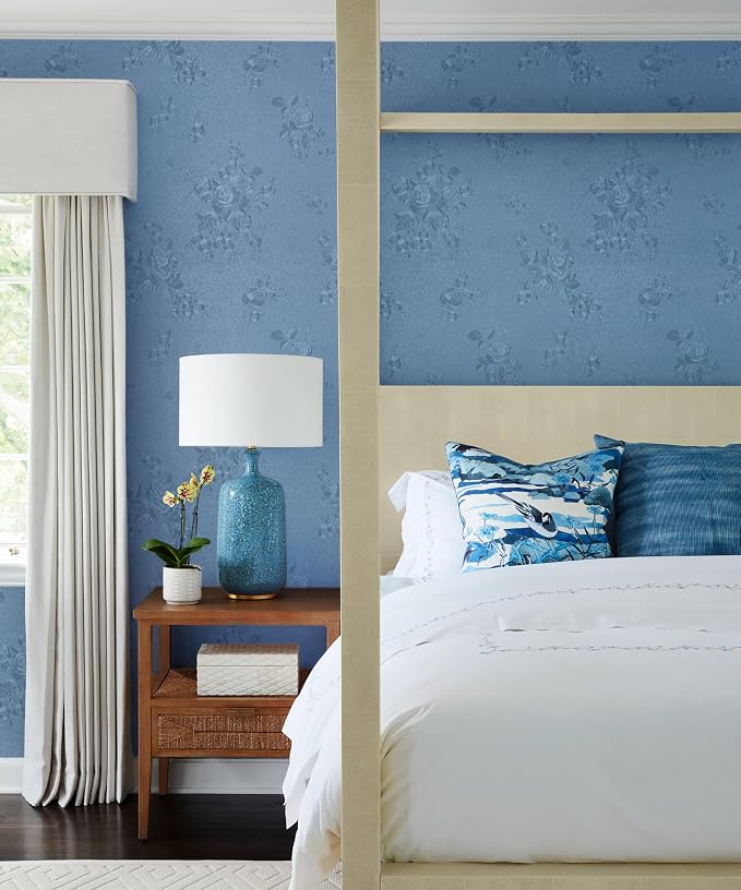 Erfoni 197"x17.7" Grey Blue Peel and Stick Wallpaper Thicken Floral Embossed - Image 2