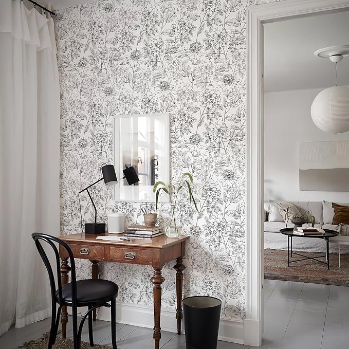 JiffDiff Peel and Stick Wallpaper Black and White Floral Wall Paper 17.3" x - Image 2