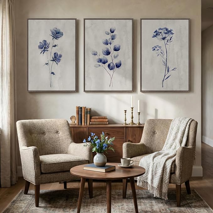Framed Boho Floral Wall Art for Living Room, 3 Piece Blue Minimalist Botanical - Image 4