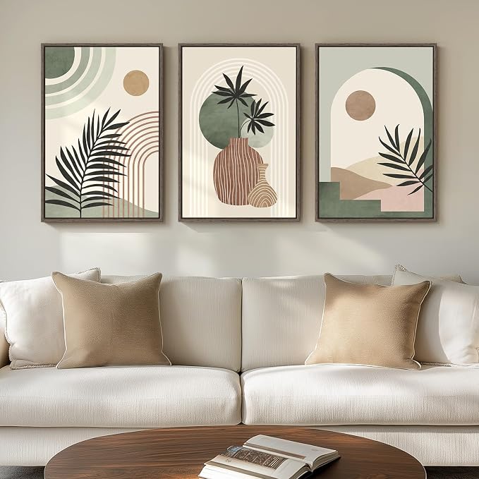 Framed Sage Green Boho Wall Art Bedroom, 3 Piece Neutral Bohemian Botanical by Cuspin