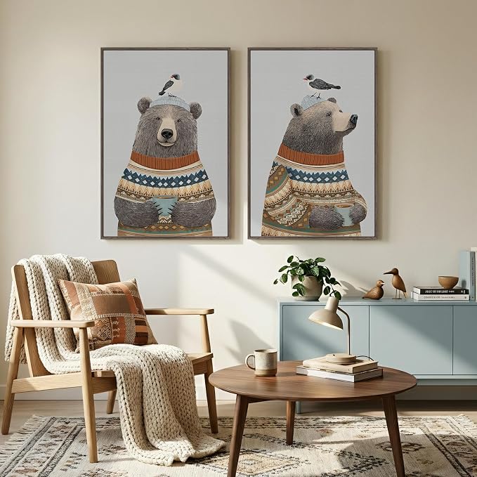 Framed Boho Animal Wall art for Nursery Decor, 2 Piece Rustic Bird Bear Canvas - Image 8