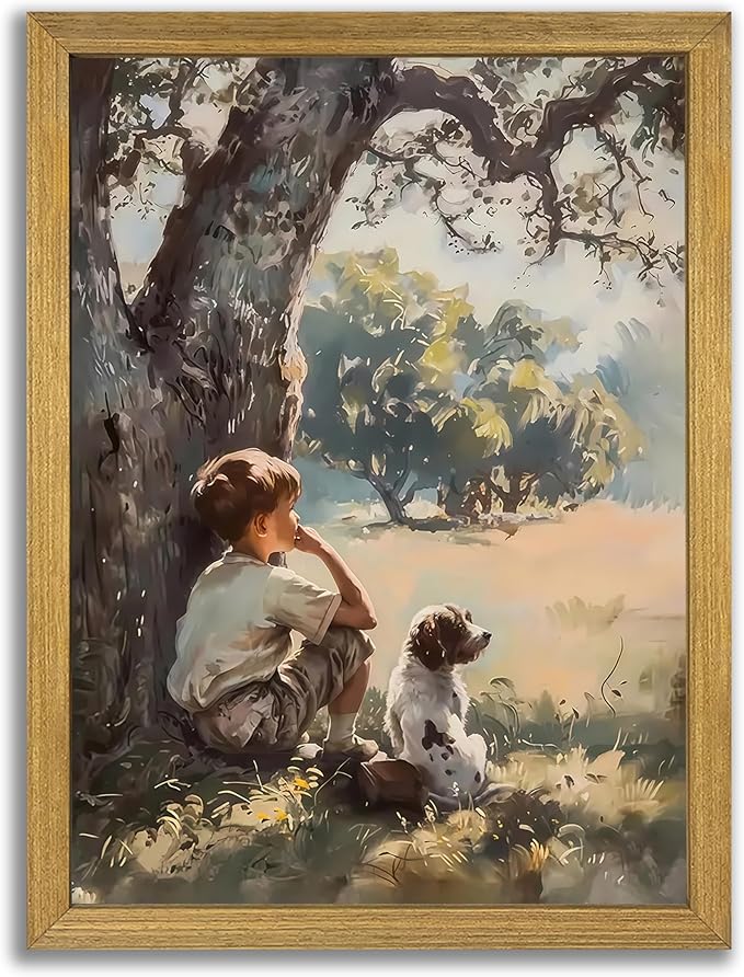 Wood Framed Canvas Wall Art, Vintage Boy and Dog Painting Poster, Countryside by Unknown