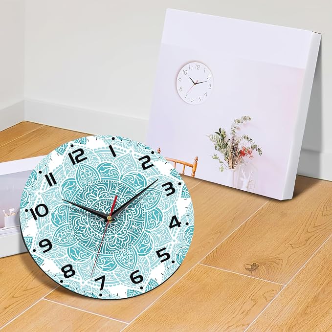 Teal Mandala Flower Wall Clock, Silent Non-Ticking, Battery Operated, Wooden - Image 6