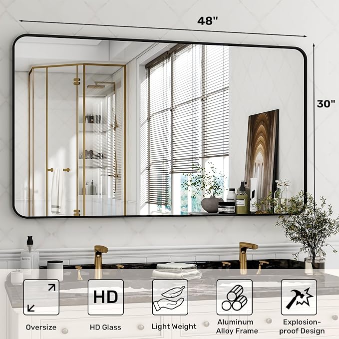 Easly 30 x 48 Inch Bathroom Mirror, Rounded Rectangular Vanity Mirror - Image 4