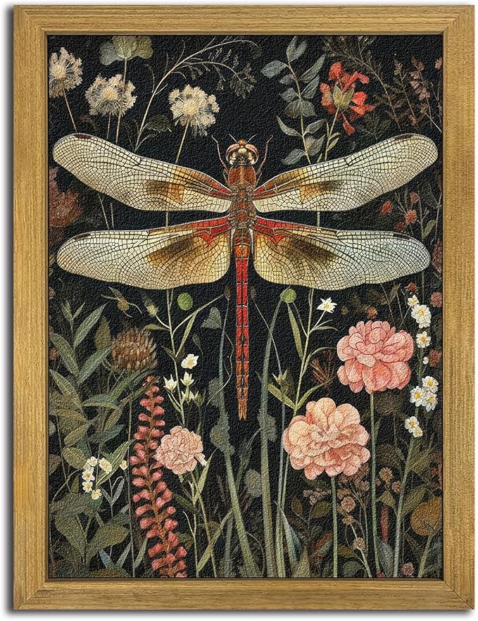 Framed Hand Drawn Sandstone Dragonfly Wall Art, Vintage 3D Textured Nature by Unknown
