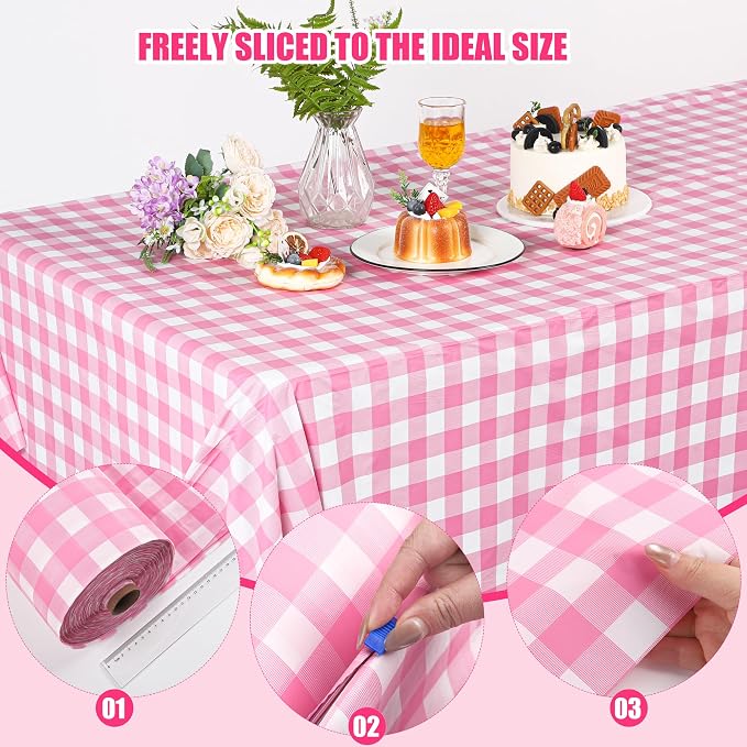 Kochorie 54 Inch x 300 Ft Light Pink Checkered Plastic Table Cloth Roll - Image 4