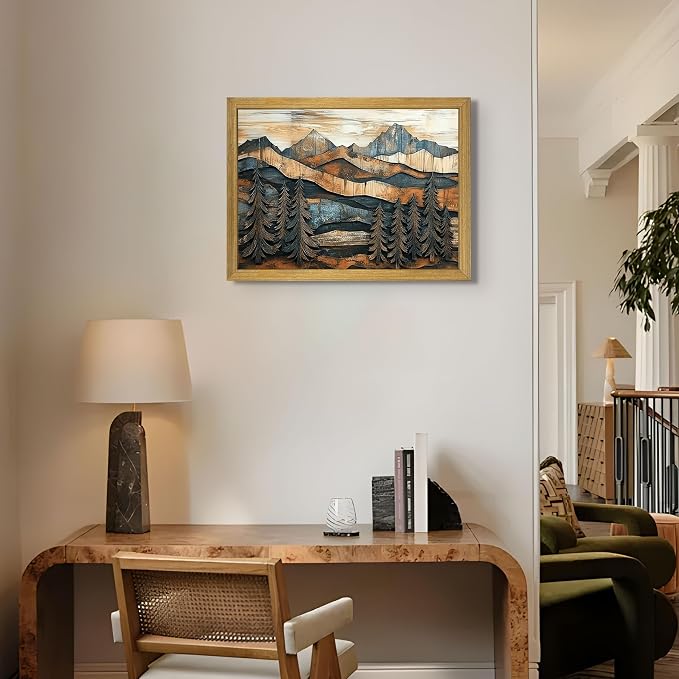 Vintage Boho Mountain Wall Art, Framed Landscape Canvas Wall Art, Nature Forest - Image 7