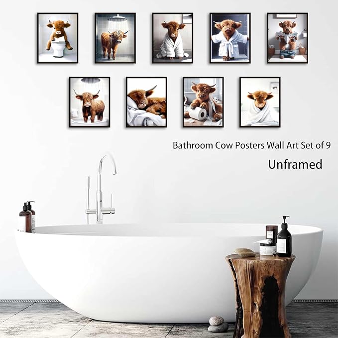 SEHSUVC Funny Bathroom Cow Posters Wall Art Set of 9, Vintage Brown Highland - Image 7