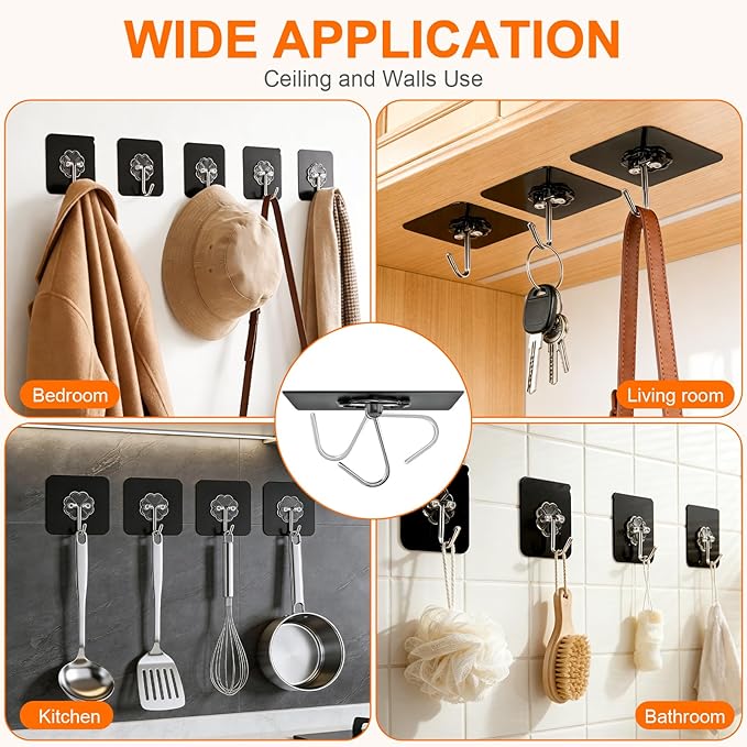 DDMY Heavy Duty Adhesive Hooks for Hanging 50lb Black Wall Hooks - Image 2