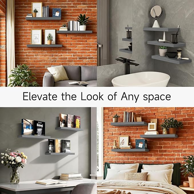 BAYKA Grey Floating Shelves for Wall, Wall Mounted Rustic Wood Shelves for - Image 8