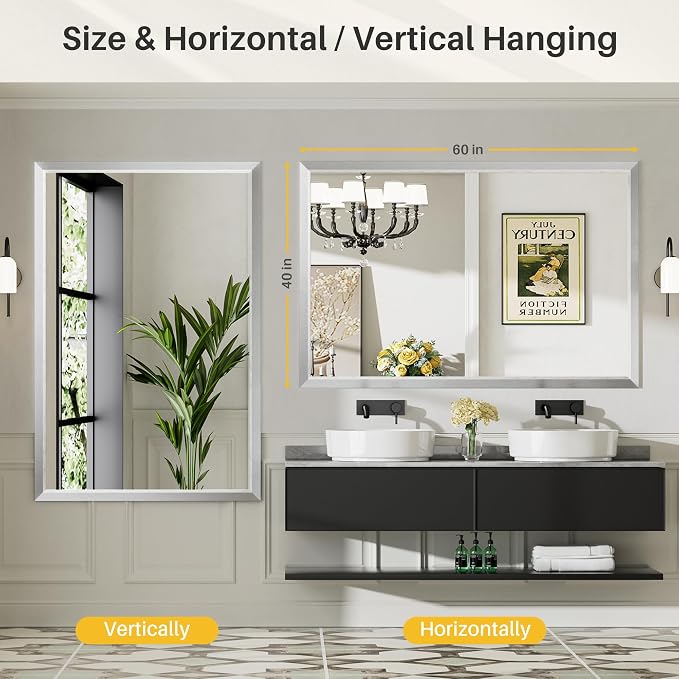 60x40 Inch Brushed Silver Bathroom Mirror - Image 5
