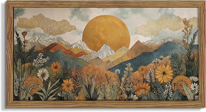 Framed Boho Landscape Large Wall Art, Abstract Sun Mountain Canvas Wall Decor by Unknown