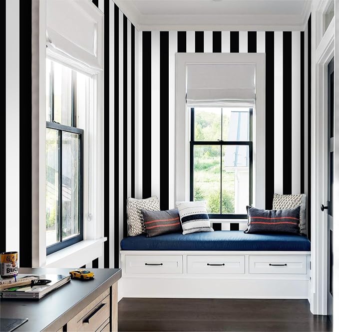 Guvana 472.4"x17.7" Striped Peel and Stick Wallpaper Black and White - Image 4