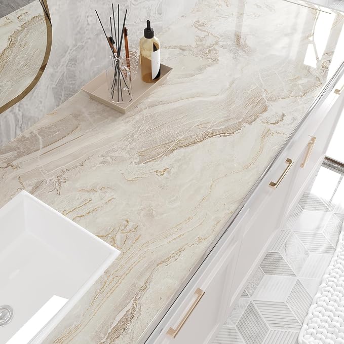 VEELIKE Glossy Beige Gold Marble Contact Paper - Image 3