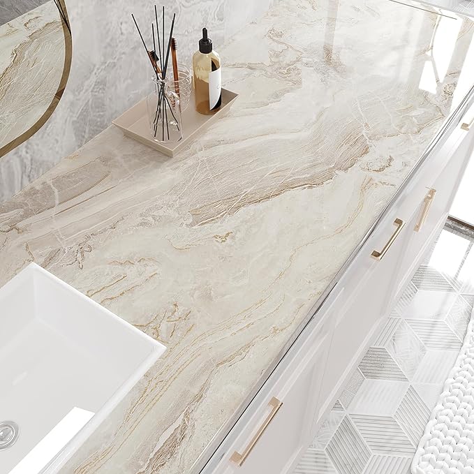 VEELIKE Wide 32''x354'' Beige Gold Marble Contact Paper - Image 2