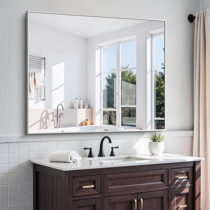 KOCUUY Silver Framed Mirror, HD Tempered Glass, Anti-Rust Brushed Silver Frame by KOCUUY