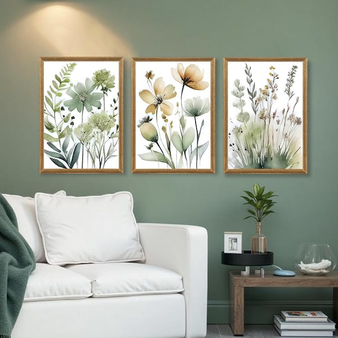 SYWENNOI Wood Framed Green Botanical Canvas Wall Art, Boho Floral Watercolor - Image 3