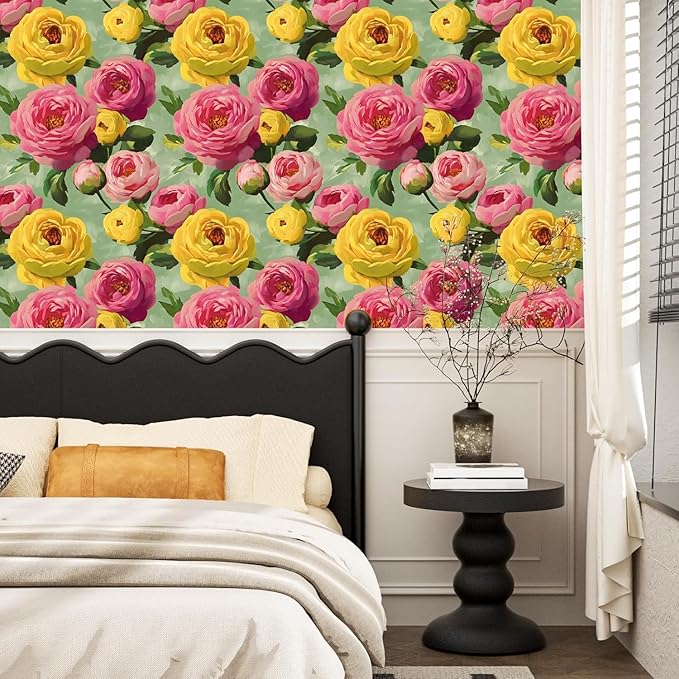 BOKEBEVE Extra Long Pink Floral Wallpaper Stick Peel Large Print Flowers - Image 2