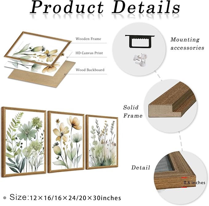 SYWENNOI 3 Pieces Wood Framed Green Botanical Canvas Wall Art, Boho Floral - Image 6