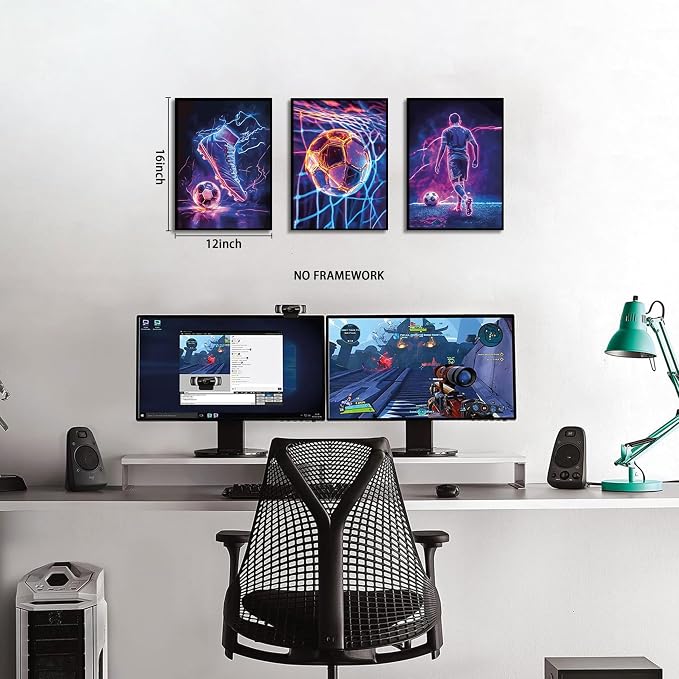 BGFCE Cool Soccer Gaming Wall Art Posters Set of 3, Neon Video Gamer Canvas - Image 3
