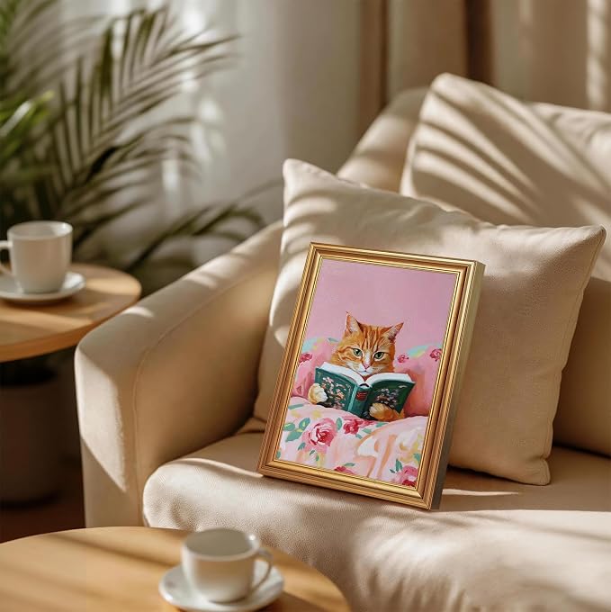 Fantasy Artists Gold Framed Wall Art Prints, Cute Orange Cat Reading a Green - Image 5