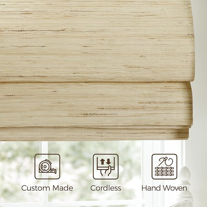 TWOPAGES Natural Woven Ramie Roman Shades, Custom Cordless No Drill or - Image 4