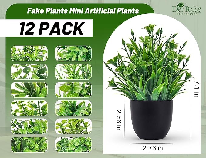 Der Rose Fake Plants 12 Pack Artificial Plants Small Faux Plants in Black Pot - Image 2